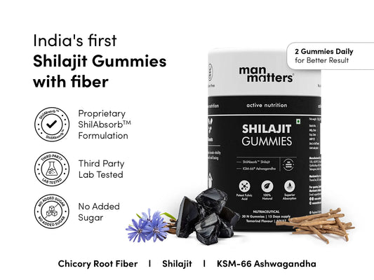 Man Matters Shilajit Gummies packaging with product details on a white background