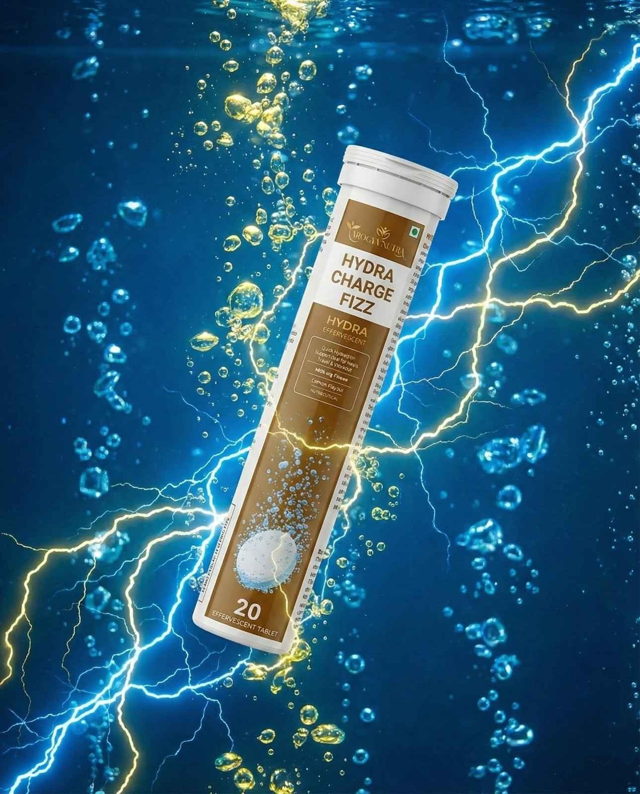 Hydra Charge Fizz supplement tube with water and lightning effects on a blue background