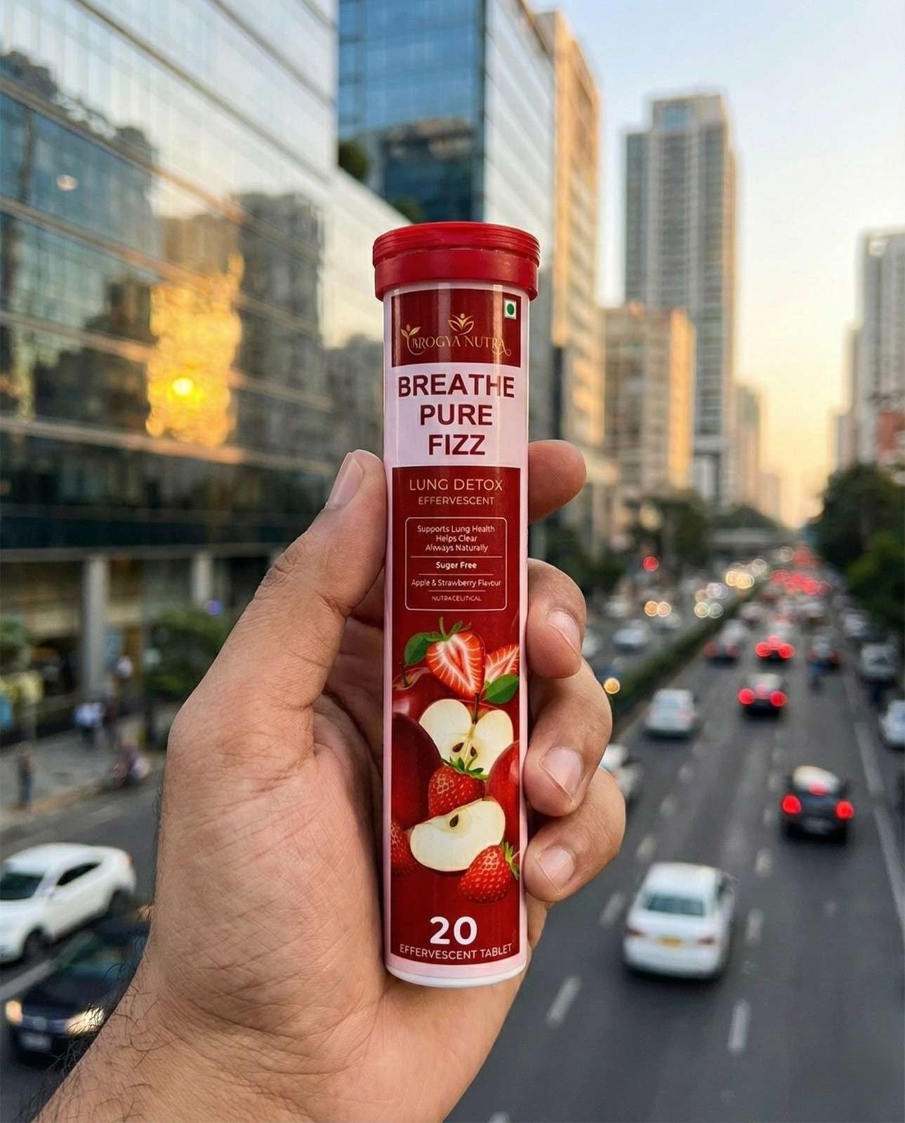 Hand holding a 'Breathe Pure Fizz' supplement tube with a cityscape in the background