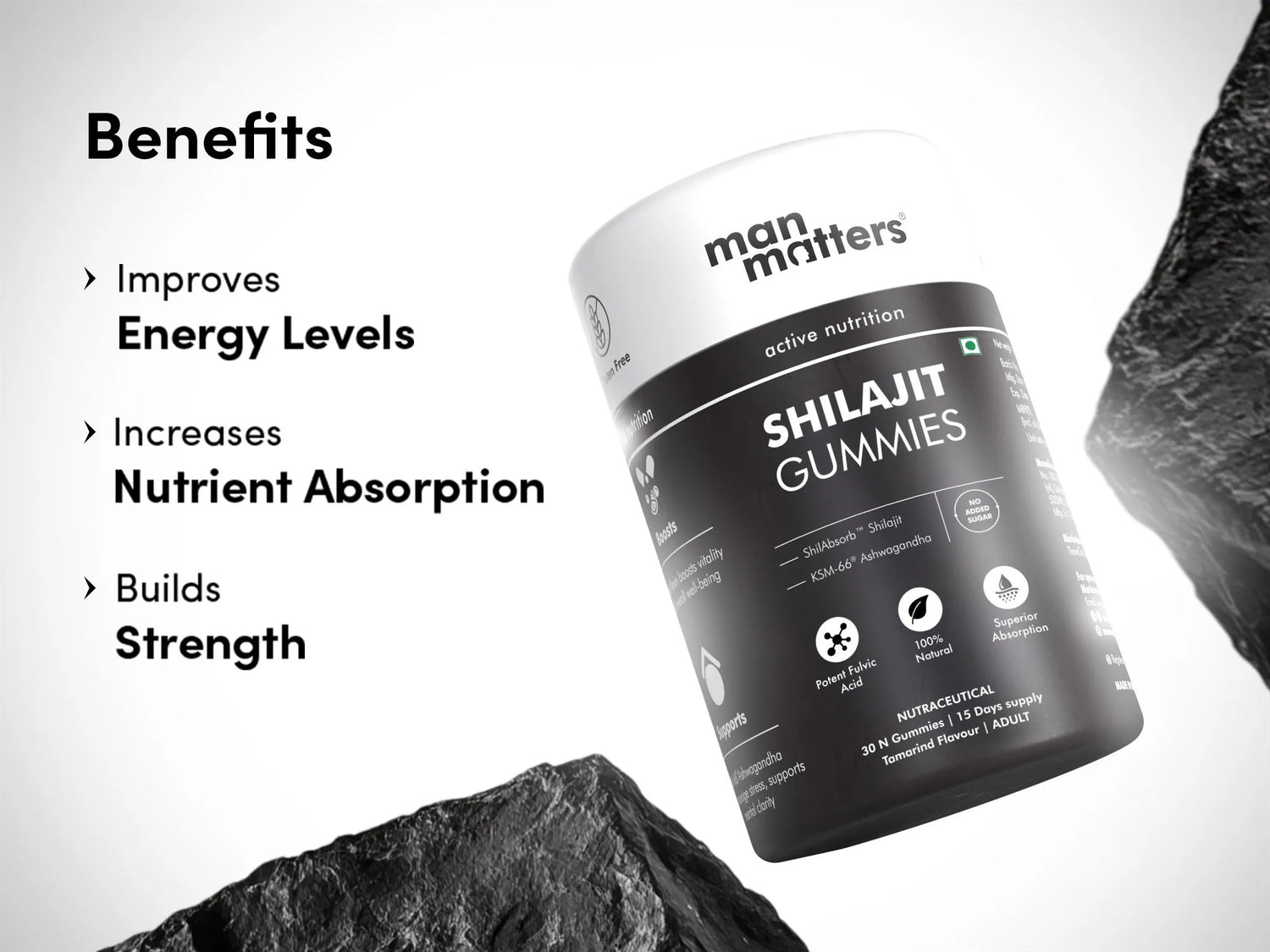 Man Matters Shilajit Gummies packaging with benefits listed on a white background
