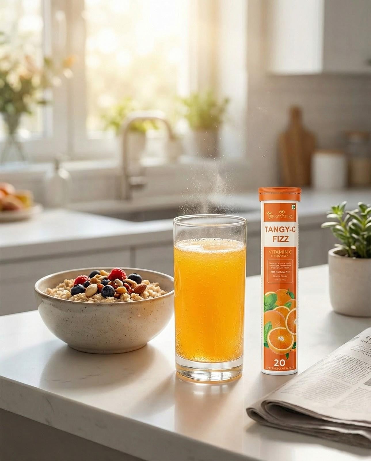 Tangy Fizz package with a glass of orange juice and a bowl of cereal on a kitchen counter.