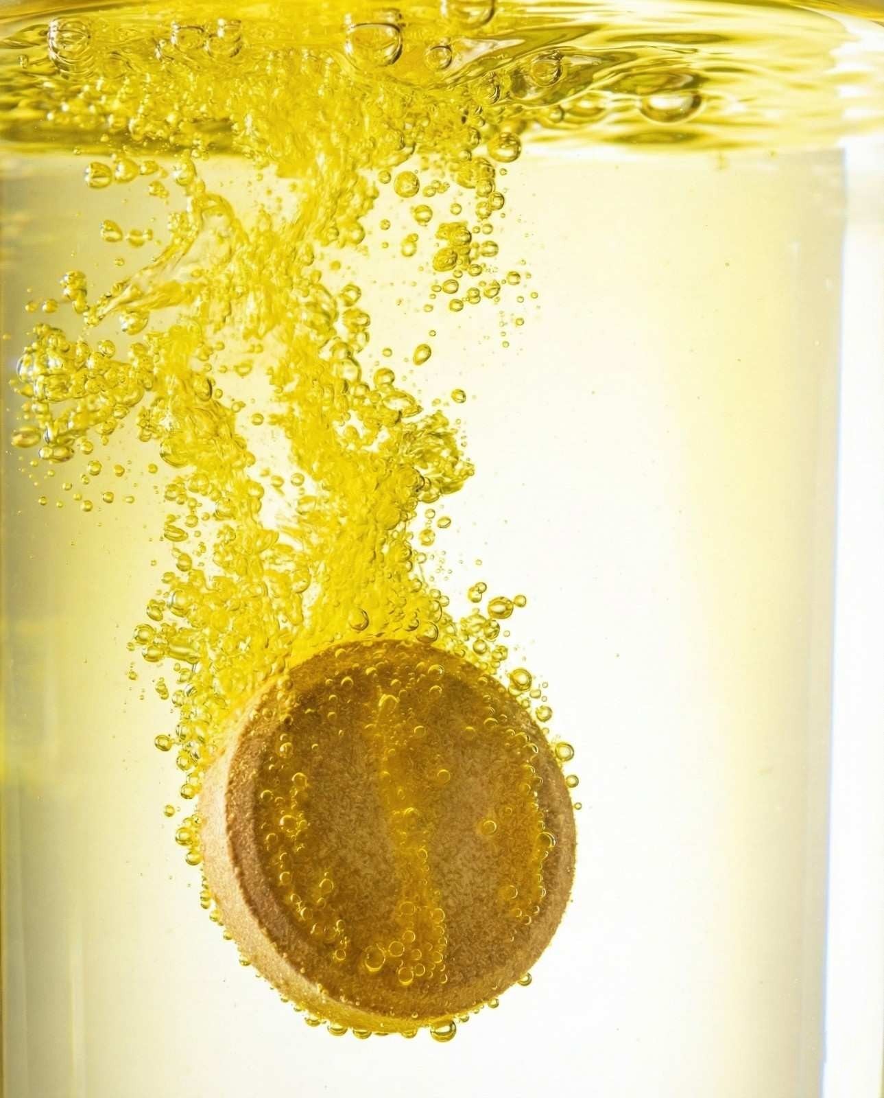 Gold coin with bubbles in a yellow liquid