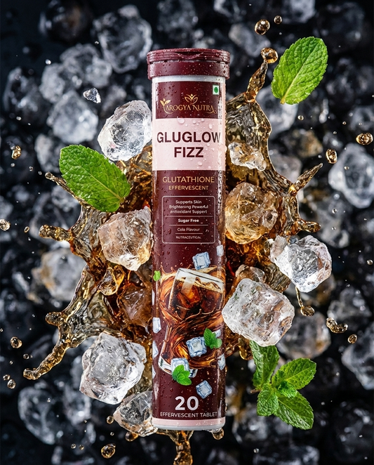 Glutathione effervescent tablet packaging with ice cubes and mint leaves on a dark background