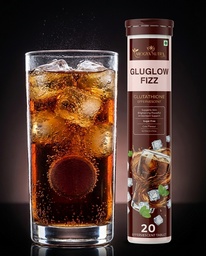 Glass of iced drink next to a tube of Harrods Nutra Gluglow Fizz supplement on a dark background