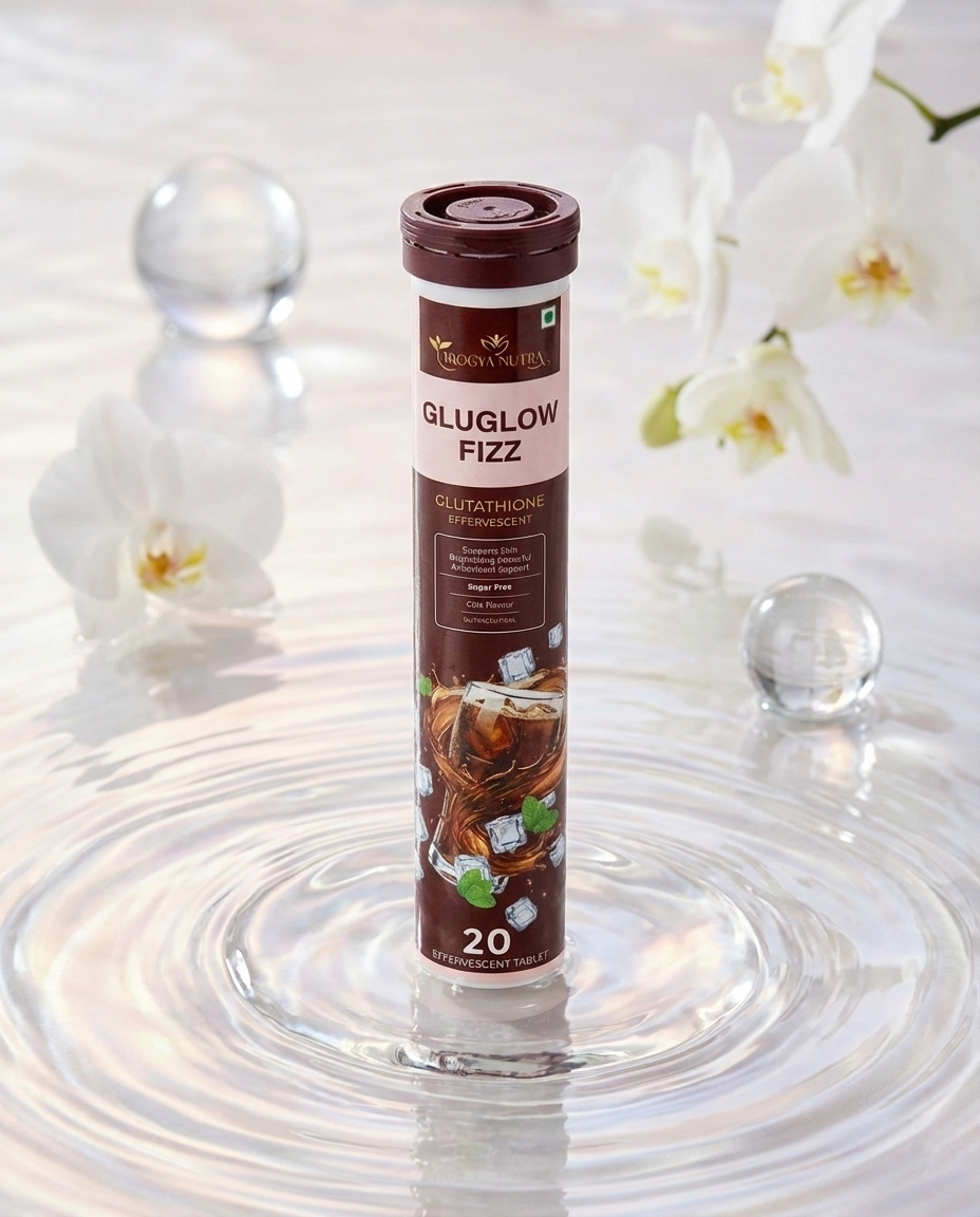 Glutathione supplement tube labeled 'Gluglow Fizz' on a water surface with flowers in the background