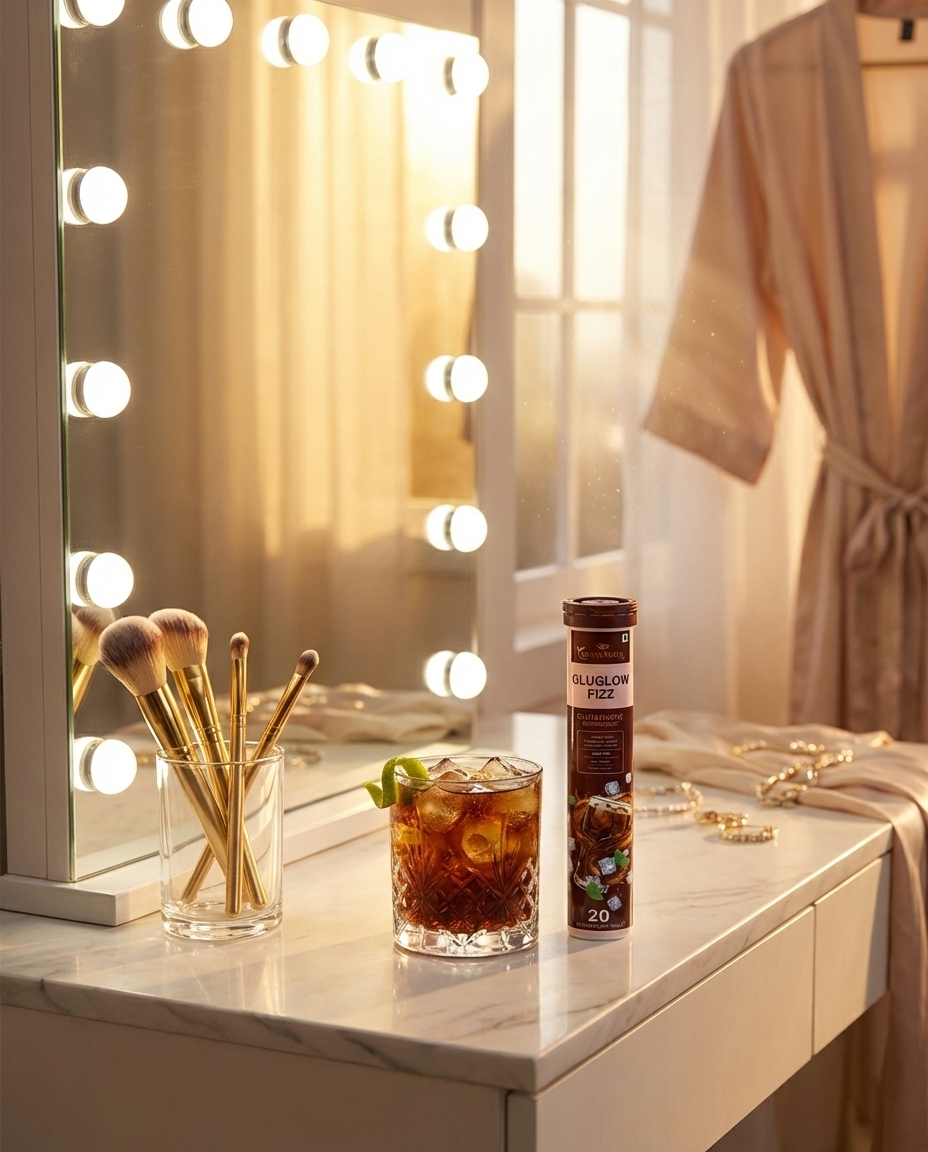 Makeup brushes, a glass of iced tea, and a supplement container on a vanity mirror with lights.