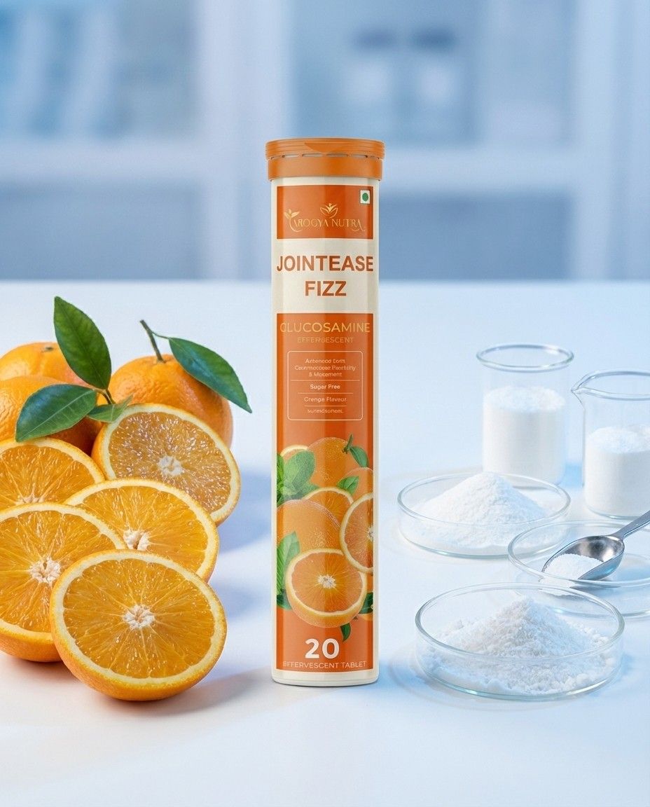 Jointease Fizz supplement tube with oranges on a light blue background