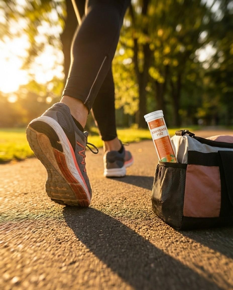 Person running on a path with a sports bag and energy drink in the foreground, surrounded by greenery.