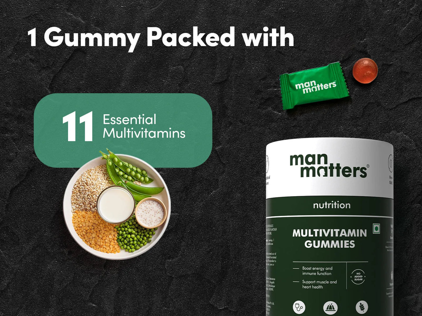 Man Matters Multivitamin Gummies packaging with a gummy and vitamins on a dark background