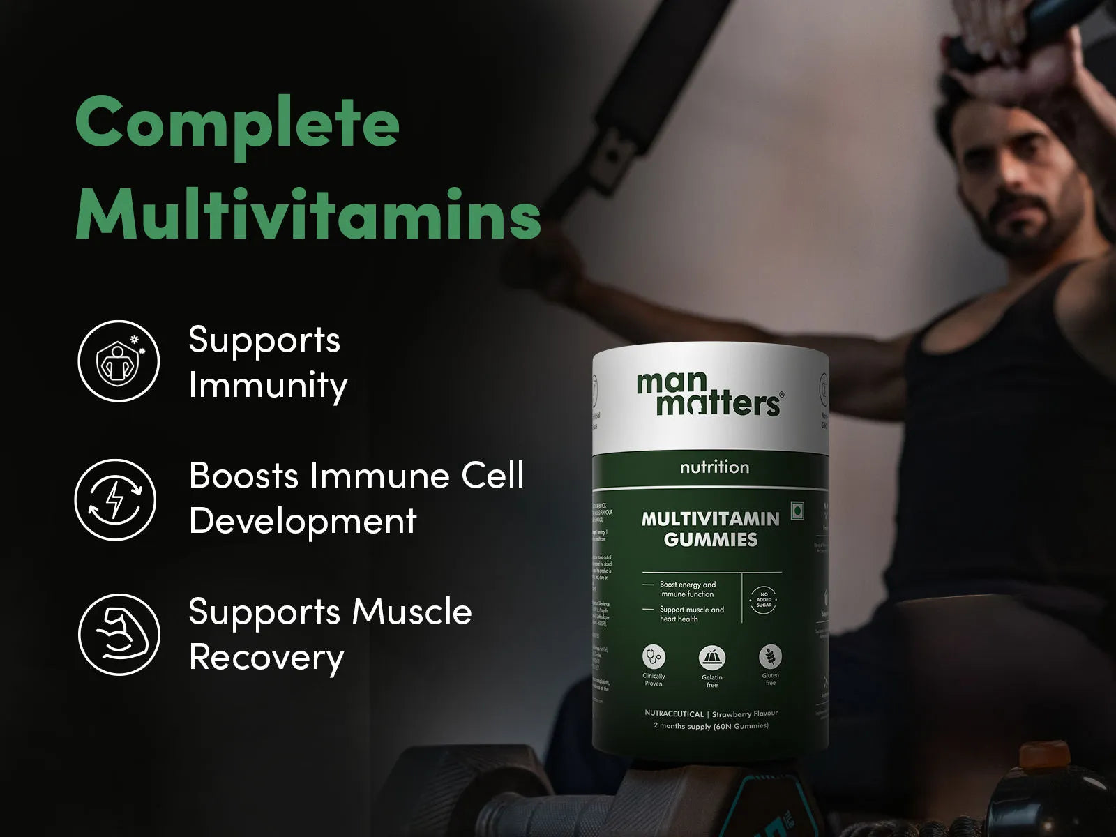 Man Matters Multivitamin Gummies packaging with a person exercising in the background