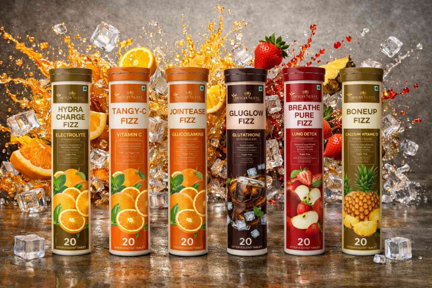 Assorted drinkFizz products with colorful packaging on a wooden surface.